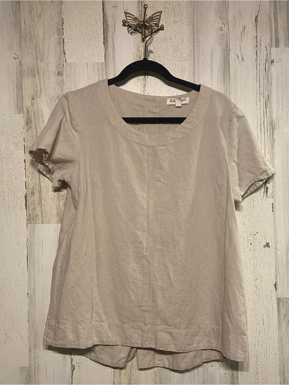 Ellen Tracy Cream Linen Cotton Back Button Blouse Medium
